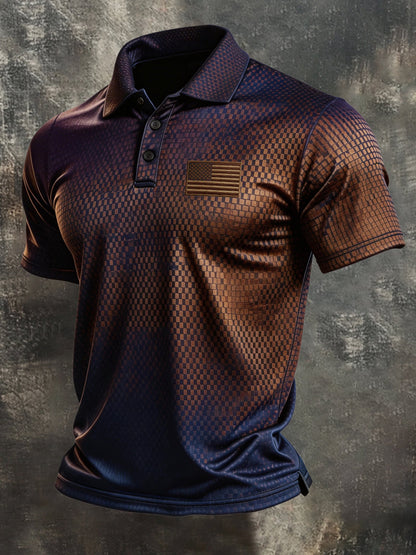 Men's Retro Patriotic Color-Block Short-Sleeve Polo Shirt