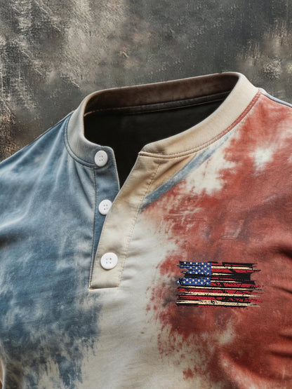 Men's Retro Patriotic Color-Block Short-Sleeve Henley T-Shirt