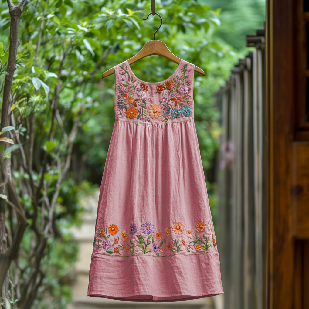 Women's Bohemian Floral Linen Sleeveless Dress