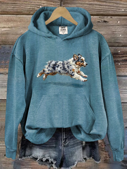 Funny Retro Cute Running Dog Art Casual Hoodie Sweatshirt