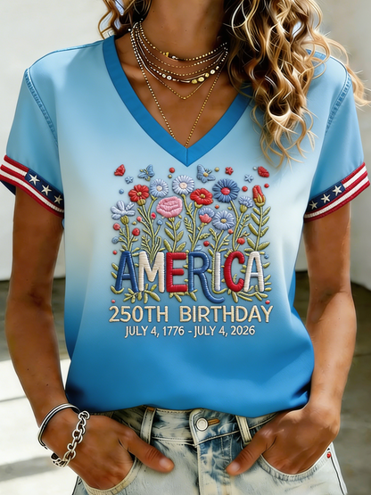 Women's Independence Day 250th Anniversary Printed V-neck T-shirt