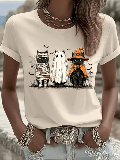 🔥HOT SALE🔥Women's Halloween Cat Print Crew Neck T-Shirt