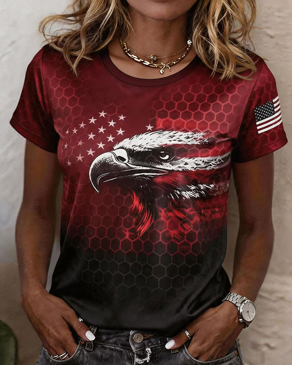 American Flag and Eagle Graffiti Print Crew Neck Short Sleeve Tshirt
