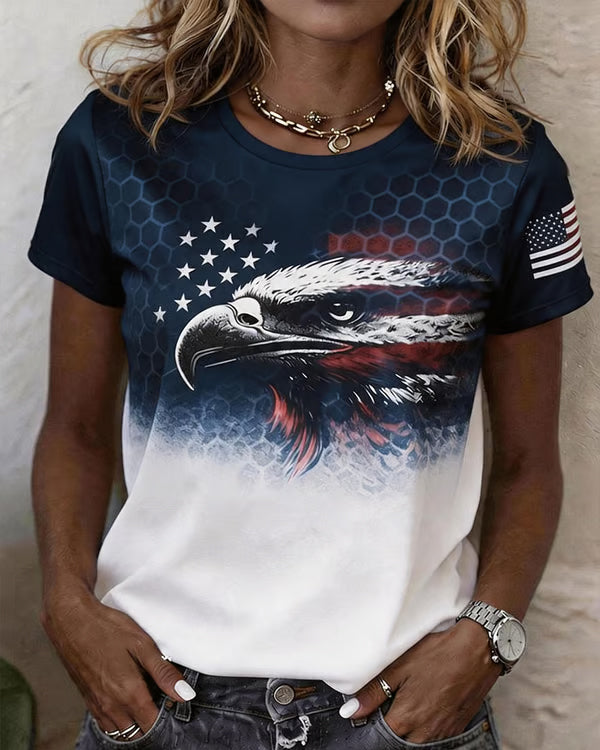 American Flag and Eagle Graffiti Print Crew Neck Short Sleeve Tshirt
