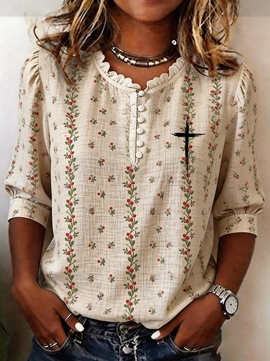 Women's Faith Floral  Print Half Sleeve Casual Blouse