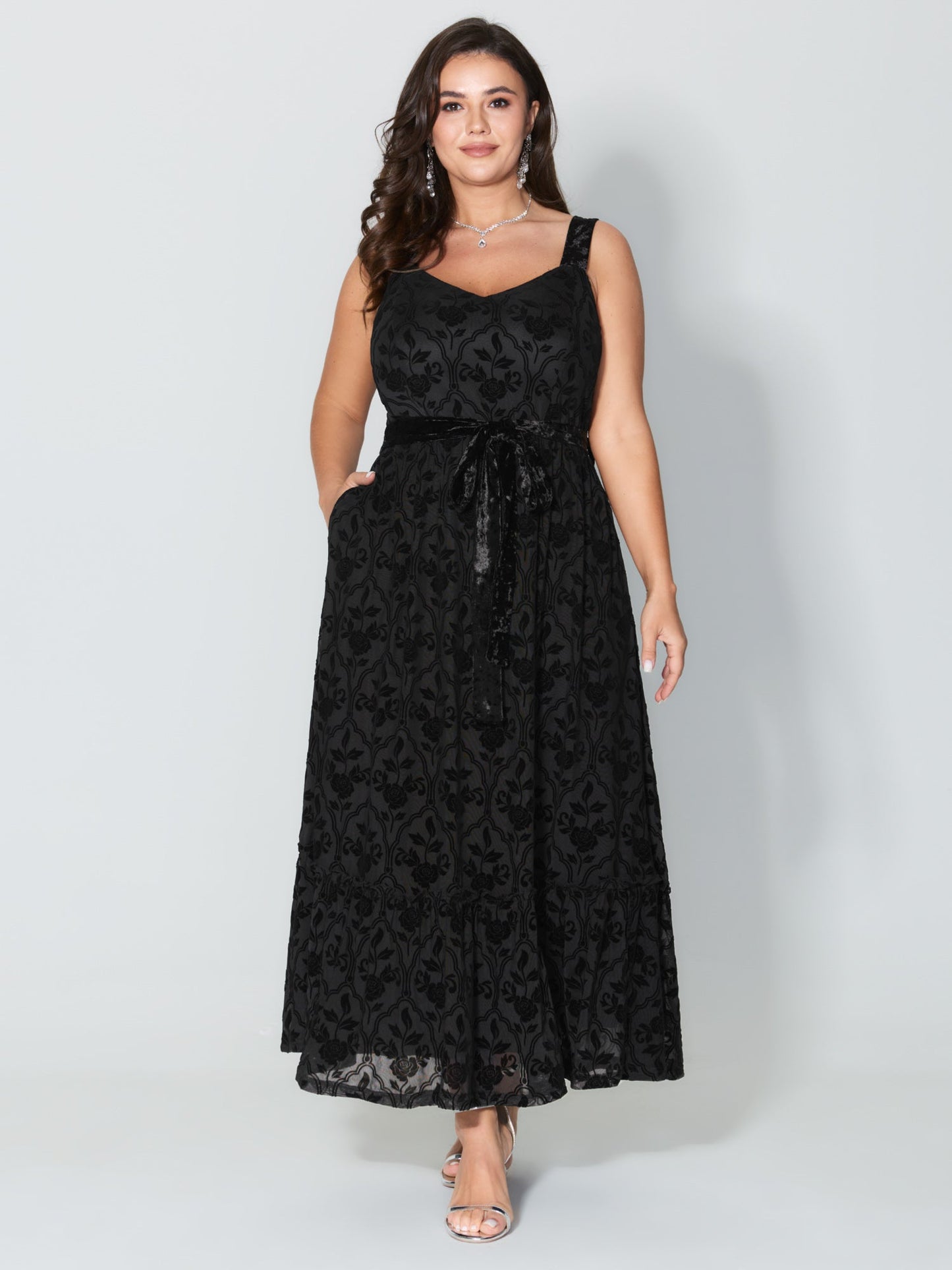 Flocked Spliced Velvety Tie Maxi Dress