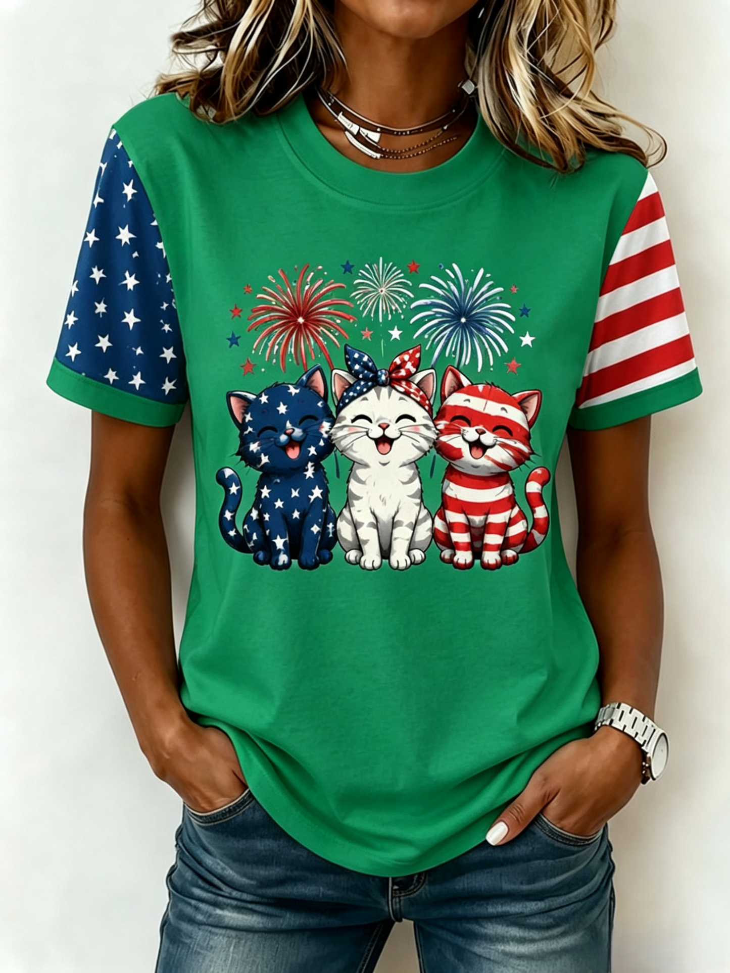 Women's American 250 Flag Kittens Printed Casual T-shirt