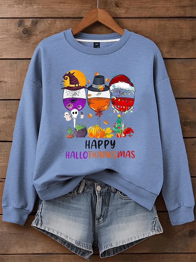 🔥HOT SALE🔥Women's Thanksgiving Wine Glass Art Printed Sweatshirt