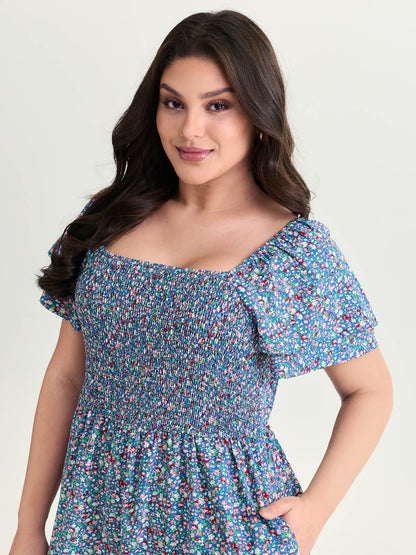 Micro Floral Print Shirred Jumpsuit