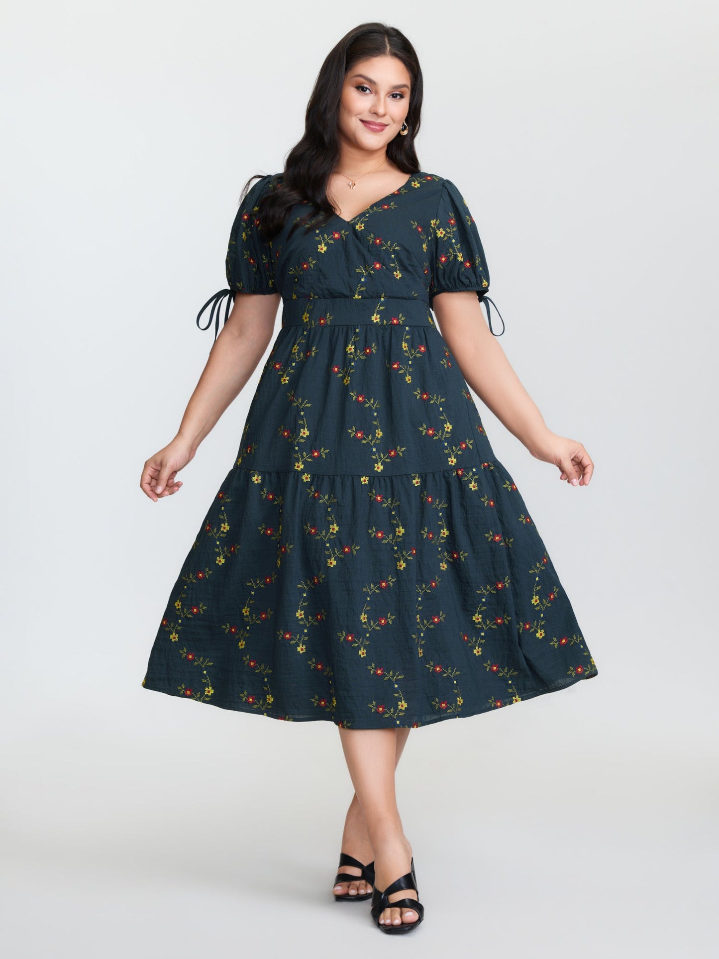 Floral Embroidered Sleeve Tie Midi Dress