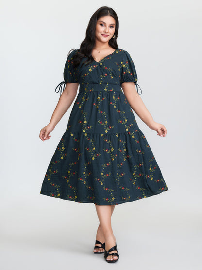 Floral Embroidered Sleeve Tie Midi Dress