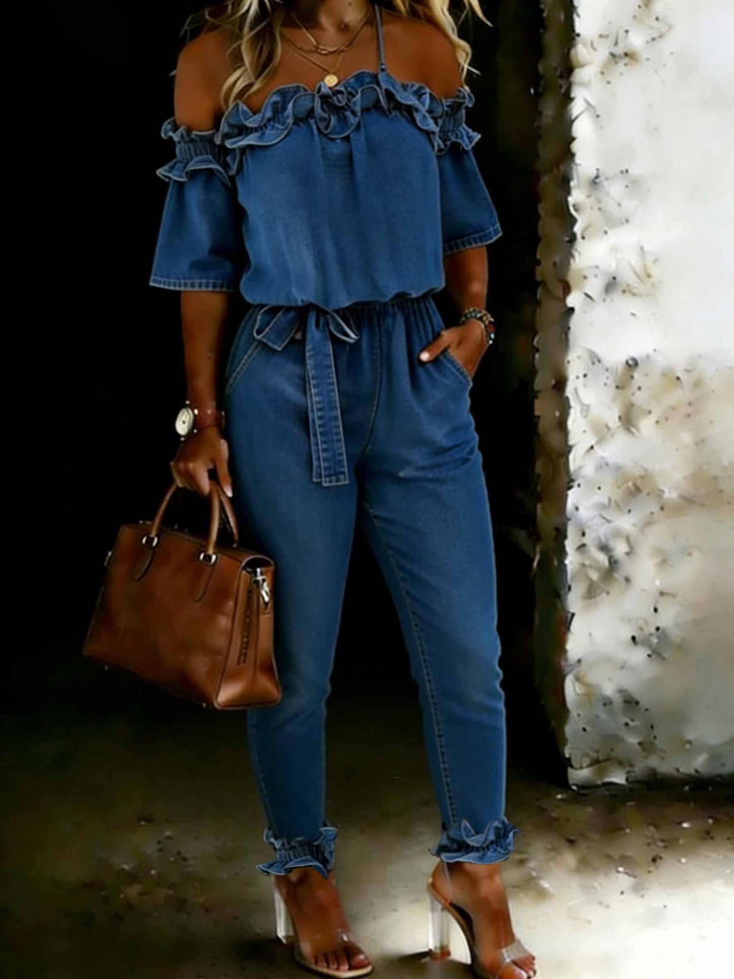 Women‘s Ruffled Elastic Denim Off-shoulder Jumpsuit