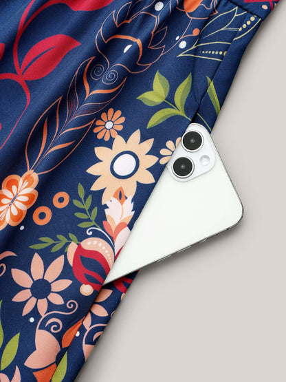 Boho Print V-Neck Pockets Mini Dress