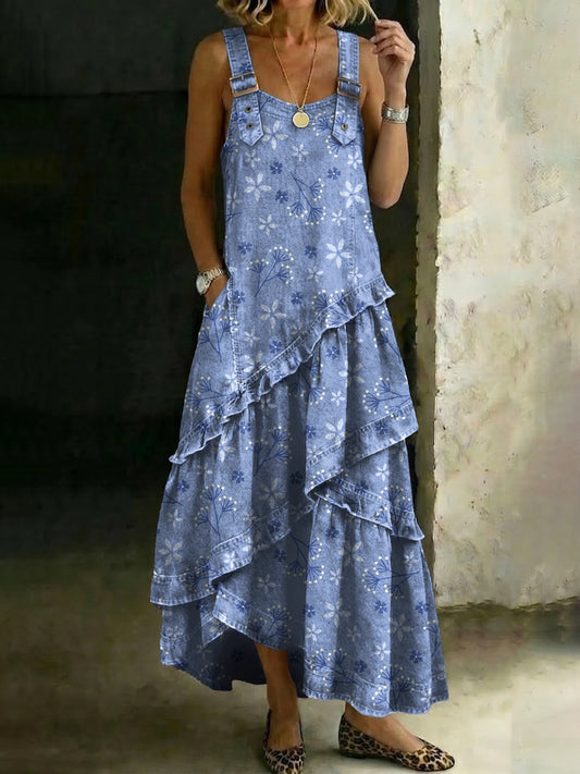 Retro Ethnic Blue Floral Art Print Casual Ruffled Pocket Strapless Denim Dress