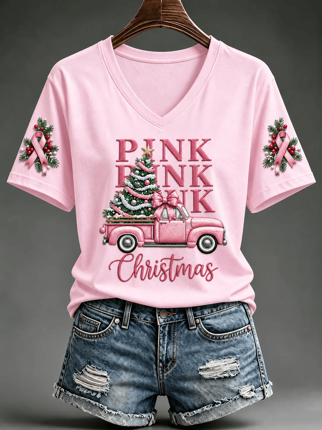 Women's Pink Christmas Short Sleeve T-shirt