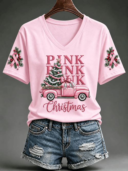 Women's Pink Christmas Short Sleeve T-shirt