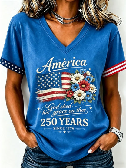Women's Floral American Flag Printed Casual T-shirt