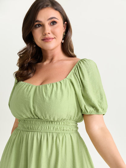 Shirred Waist Puff Sleeve Mini Dress