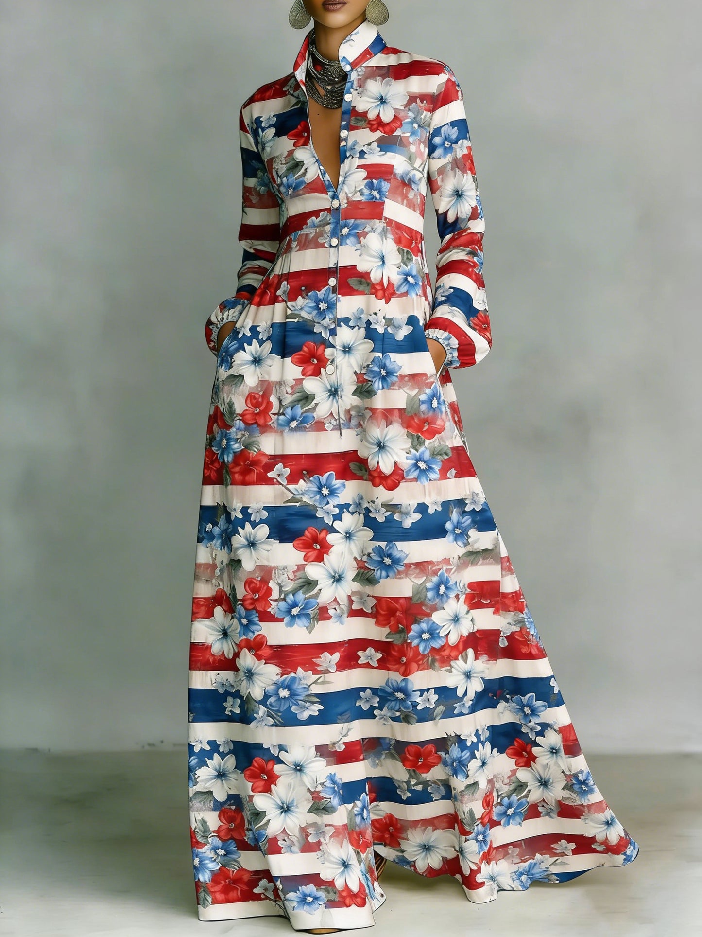Women's Vintage American Flag & Floral Art Casual Maxi Dress