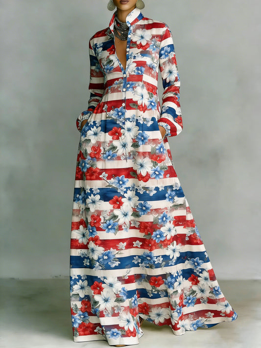 Women's Vintage American Flag & Floral Art Casual Maxi Dress