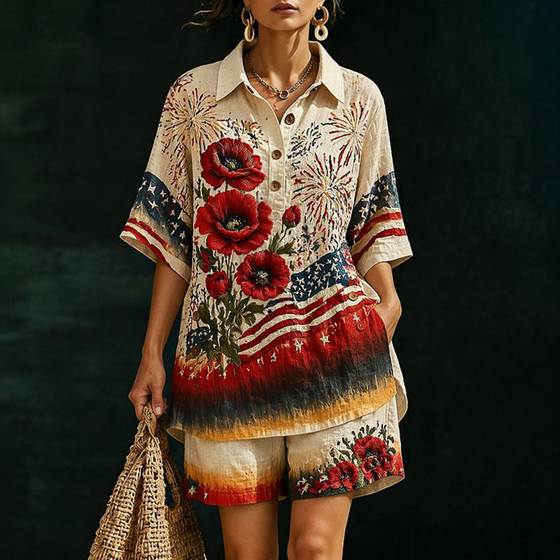 Women’s American Flag, Fireworks, and Poppy Floral Print Shirt and Shorts Set