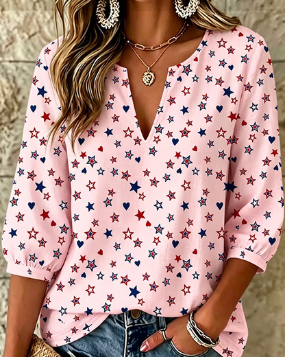 Contrasting Color Stars and Hearts Print V‑Neck 3/4 Sleeve Blouse