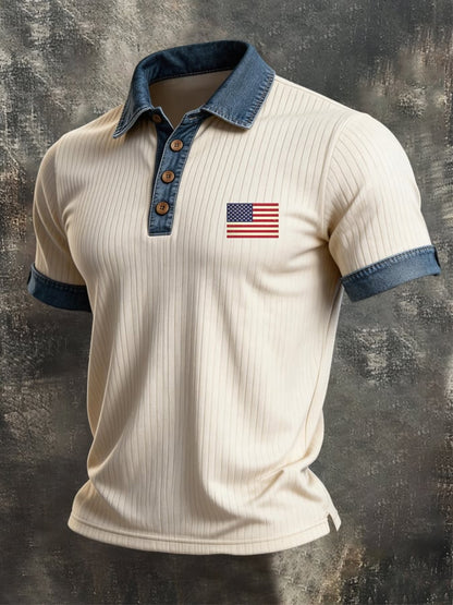 Men's Retro Patriotic Color-Block Short-Sleeve Polo Shirt