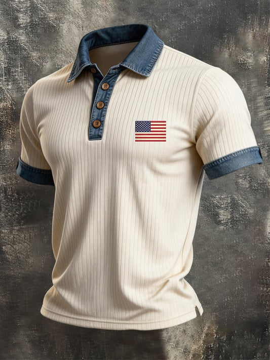Men's Retro Patriotic Color-Block Short-Sleeve Polo Shirt