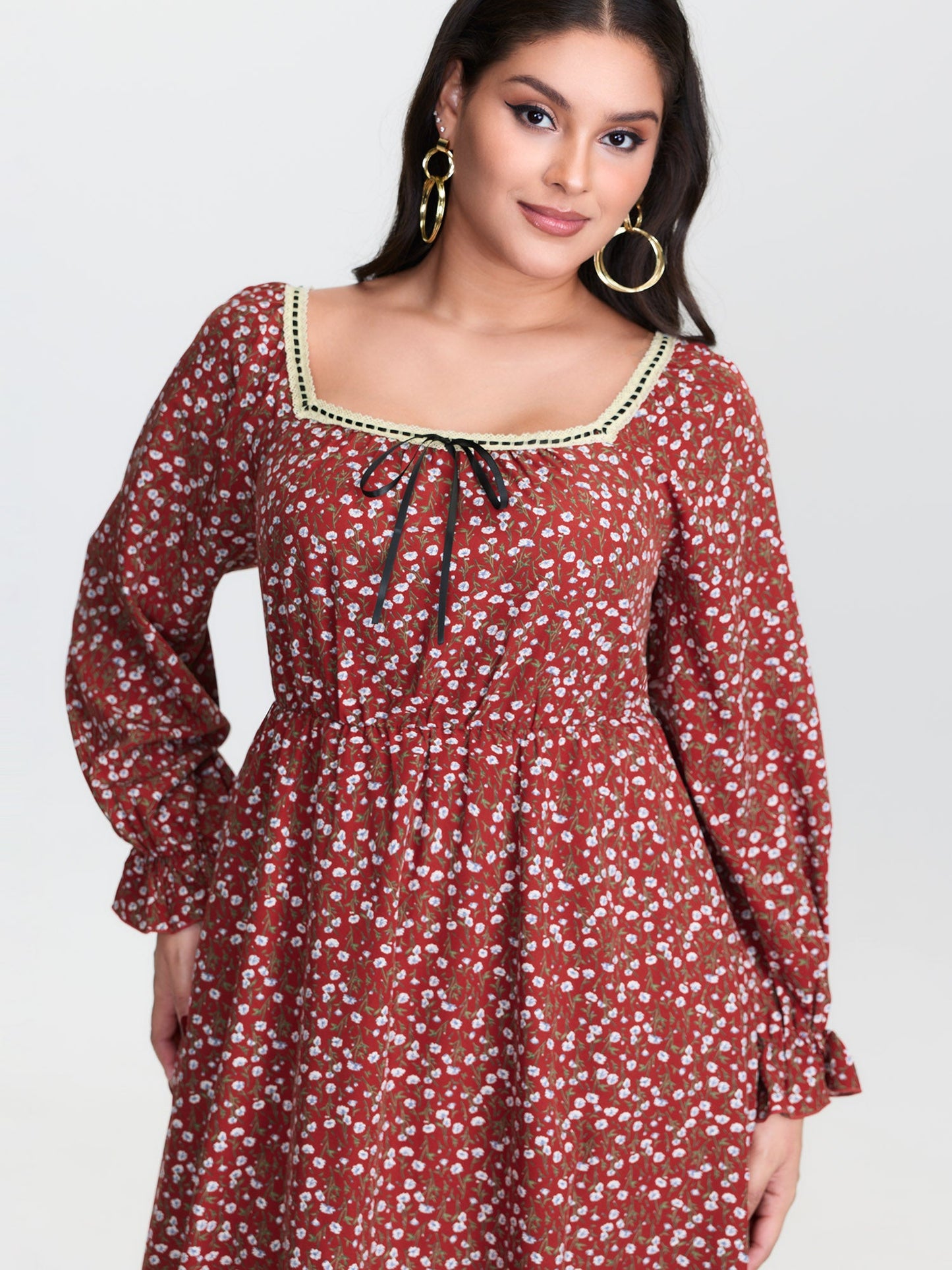 Floral Print Square Neckline Drawstring Midi Dress