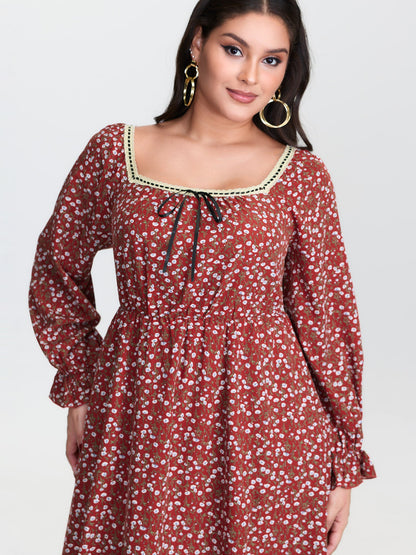 Floral Print Square Neckline Drawstring Midi Dress