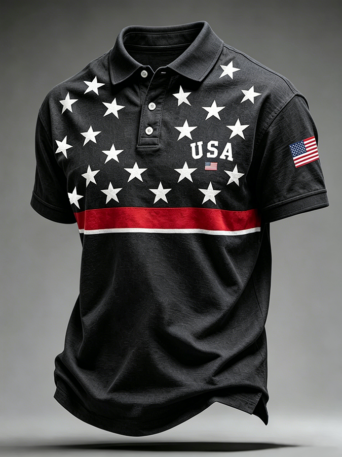 Men'S Casual USA Commemorative Embroidered Printed Lapel Shirt