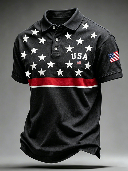 Men'S Casual USA Commemorative Embroidered Printed Lapel Shirt
