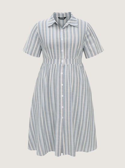 Cotton Linen Blend Striped Print Midi Dress