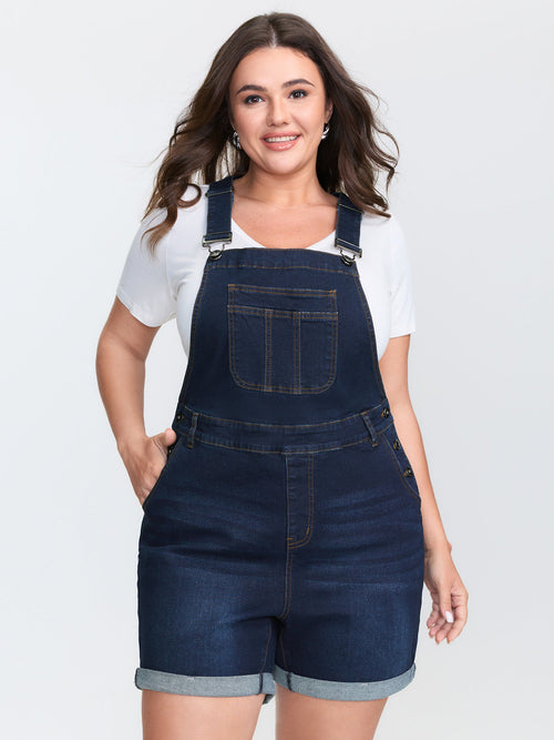 Stretchy Straight-Leg Denim Overall Jumpsuit