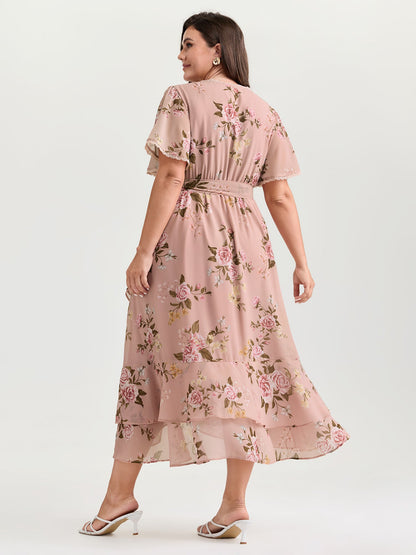 Soft Floral Print Lotus Leaf Hem Midi Dress
