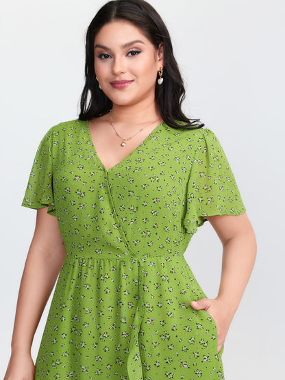 Floral Print Wrap Neck Ruffled Edge Midi Dress