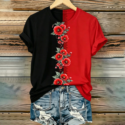 Women's Memorial Day Poppy Art Printed T-Shirt