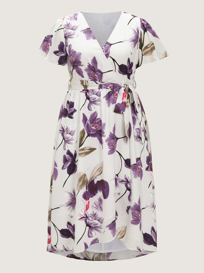 Large Floral Print Waist-Defining Midi Dress