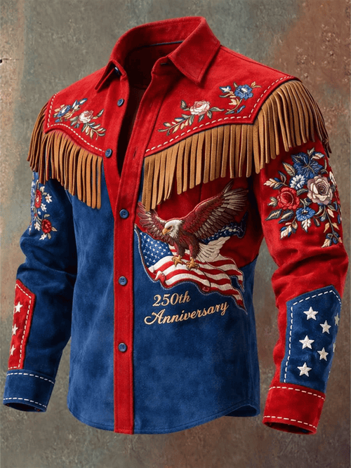 Men'S Vintage Distressed Western-Style 250th Anniversary Commemorative Printed Shirt