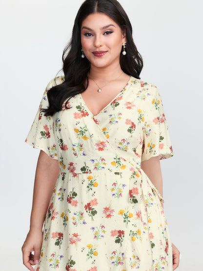 Floral Print Wrap Neckline Pockets Midi Dress