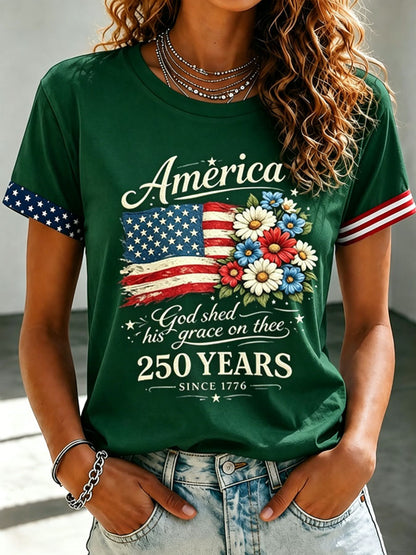 🔥Buy 3 Get 10% Off🔥Women's Floral American Flag Printed Casual T-shirt
