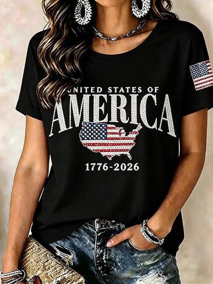Women'S Anniversary Flag Hot Diamond Printed Casual T-Shirt