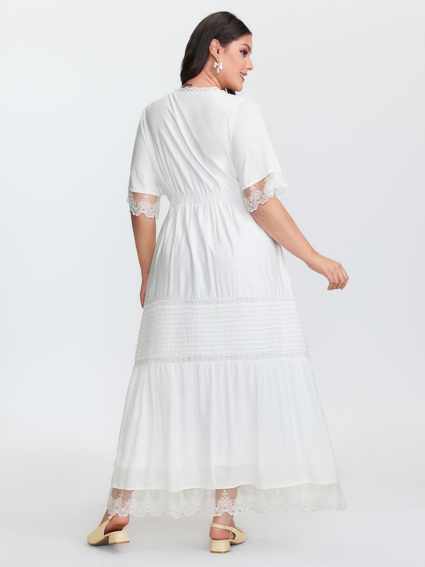Pleated Neckline Romantic Lace Ruffled Maxi Dress