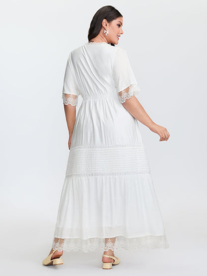 Pleated Neckline Romantic Lace Ruffled Maxi Dress