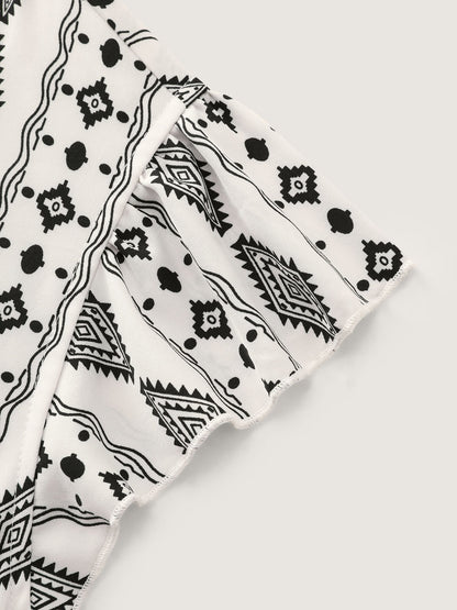 Geometric Print Lace Trim Tiered Maxi Dress