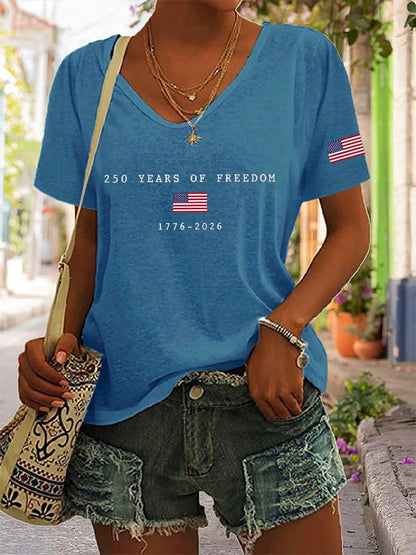 Women's America Flag Print V-neck T-shirt