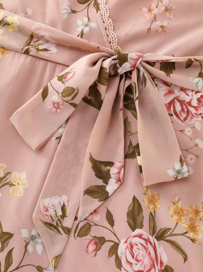 Soft Floral Print Lotus Leaf Hem Midi Dress