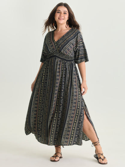 Striped Contrast Dolman Sleeve Shirred Pocket Split Flutter Dress