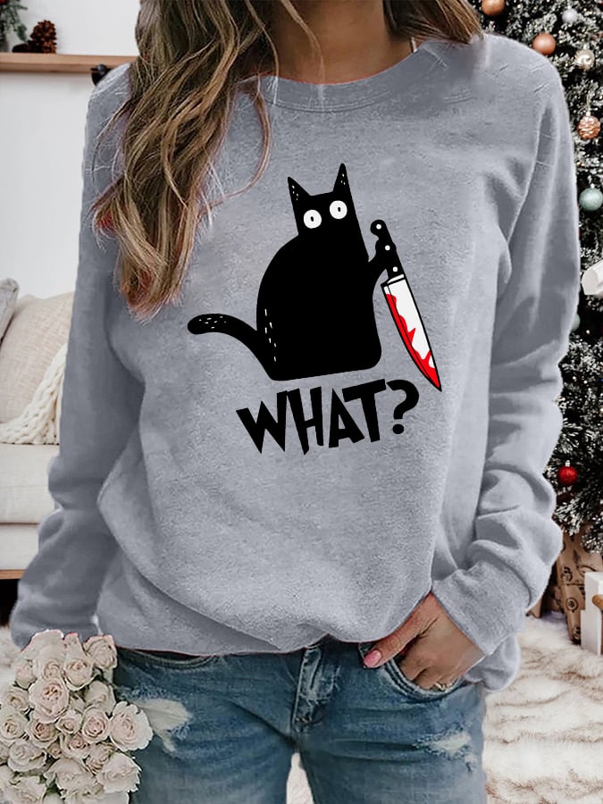 Women's Halloween Black Cat Print Casual Sweatshirt