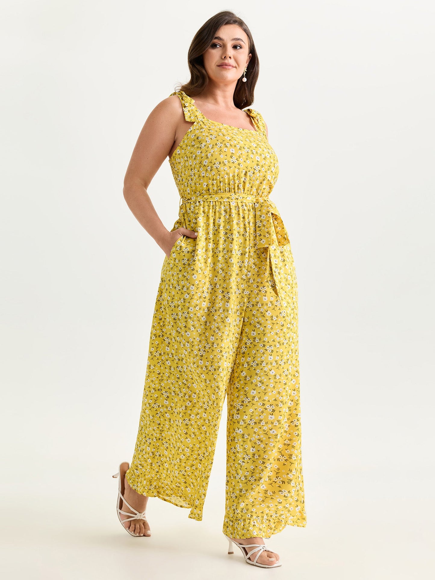 Floral Print Shoulder-Tie Ruffled Hem Jumpsuit